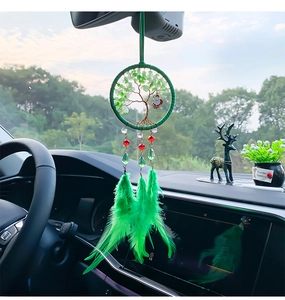 Tree of Life car charm with green stones, feathers and Santa pendant on rear view mirror