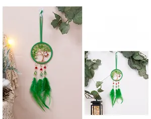 Handmade Tree of Life wall hanging with green crystals and vibrant feathers