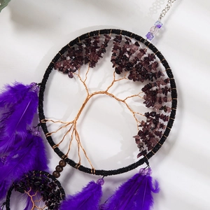 Handmade tree of life dreamcatcher with purple crystal stones and soft feathers