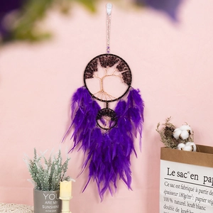 Handmade purple Tree of Life dream catcher with natural stones and vibrant feathers