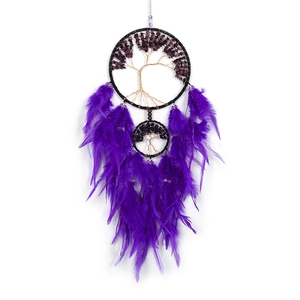 Handmade Tree of Life dream catcher with purple crystal stones and feathers decoration