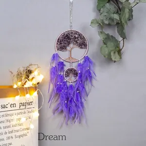 Nordic Amethyst Tree Of Life Dreamcatcher Purple Feather Wall Hanging Decoration Bohemian Handmade Home Wedding Ornament Gift