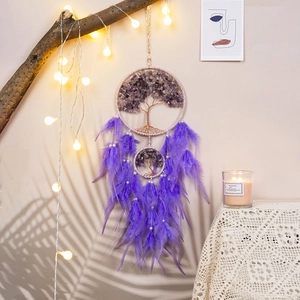 Bohemian purple feather dream catcher with Tree of Life wire weave and crystal stones
