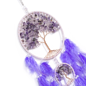Nordic Tree of Life wall hanging with purple amethyst stones and feathers for home decor