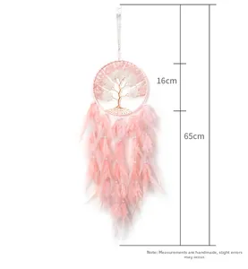 Macro detail of pink Tree of Life dreamcatcher showing 16cm ring and 65cm total length