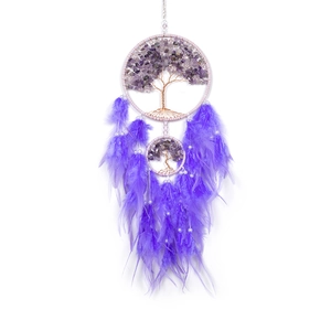 Nordic tree of life wall hanging with purple crystal stones and soft feathers
