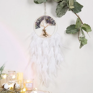 Handmade Tree of Life dream catcher with purple stones and white feathers home decor