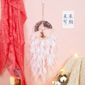 Boho Tree of Life Dream Catcher with white feathers and golden deer head pendant decoration
