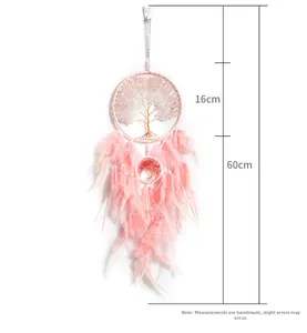 Pink Life of Tree dreamcatcher with feathers and crushed stones, 16cm by 60cm dimensions