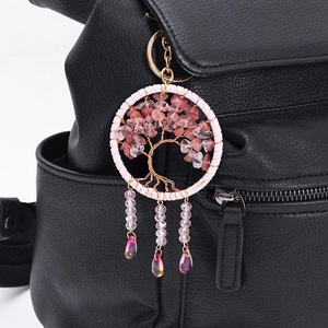 Handmade Tree of Life Keychain Pink Crushed Stone Dreamcatcher Bag Charm Copper Wire Woven Pendant For Women Girls Gift