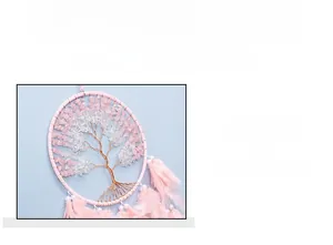 Detailed view of hand-woven pink Tree of Life dream catcher with delicate feathers
