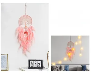 Close-up of pink Tree of Life dreamcatcher with delicate hand-woven wire and feathers