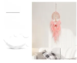 Pink Tree of Life dream catcher with natural crystal stones and soft hanging feathers