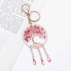 Pink Tree of Life teardrop keychain with handmade quartz stones and gold accents