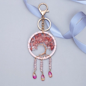 Handmade rose gold Tree of Life keychain with pink stones and gradient waterdrop charms