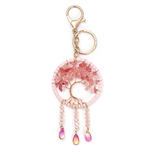 Pink Tree of Life keychain featuring dreamcatcher design and waterdrop crystal pendants