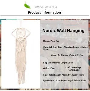 Detail showing Nordic woven eye tapestry specs including iron ring and cotton rope size