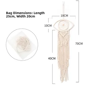 Detailed size chart for Bohemian hand-woven macrame eye wall hanging with long tassels