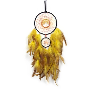 Handmade life tree dream catcher with yellow feathers and crystal stones hanging decor