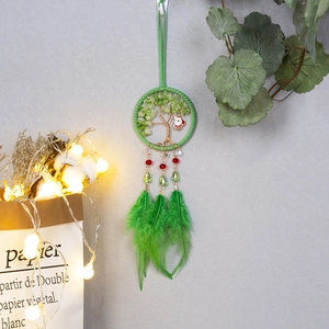 Green Tree of Life dreamcatcher with Santa Claus charm and green feathers wall hanging