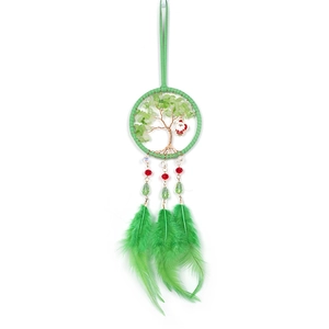 Tree of Life Christmas wall hanging decoration with green feathers and Santa pendant