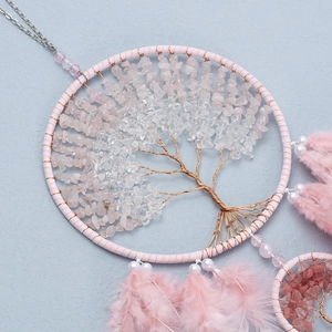 Pink Tree of Life dream catcher wall hanging with crystals, feathers and beads decoration