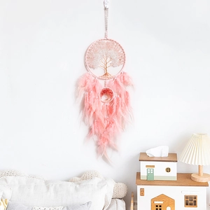 Boho Tree of Life wall hanging with pink feathers and natural stone crystals