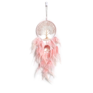 Pink Tree of Life dreamcatcher with crystal stones and soft feathers wall decor