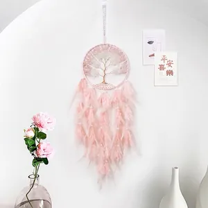 Pink Tree of Life dream catcher with feathers and crystals for wall decoration