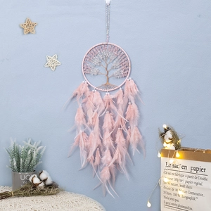 Bohemian pink Tree of Life dream catcher with feathers for wall decoration