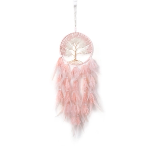 Pink Tree of Life dream catcher with hanging feathers and crystal stones on white background