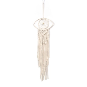 Bohemian macrame wall hanging with evil eye design and handcrafted cotton tassels