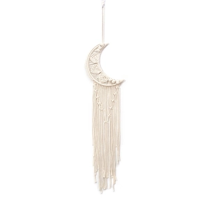 Handmade boho macrame wall hanging with crescent moon shape and elegant cotton tassels