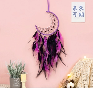 Macro detail of bohemian moon dreamcatcher with purple feathers and pearl beads on wall