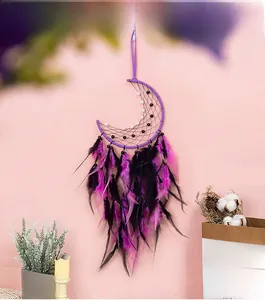 Detail of bohemian moon dream catcher with purple feathers and beads on pink wall