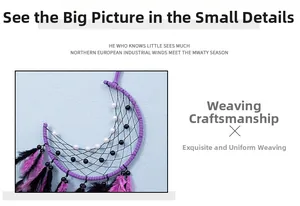 Close-up of handmade purple moon dreamcatcher with detailed weaving and soft feathers