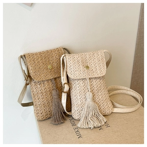 Woven Straw Crossbody Phone Bag With Tassel Charm And Gold Buckle Retro Boho Style Small Shoulder Purse For Women