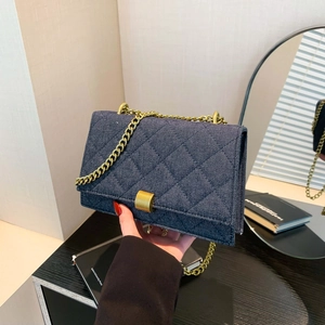 Damen Denim Umhängetasche Gesteppt Goldene Kette Rautenmuster Mode Quadratisch Crossbody Tasche Trendy Lässig Jean Handtasche