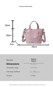 Pink nylon tote bag details showing 100cm adjustable strap and versatile carrying options