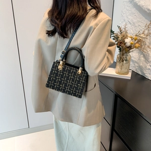 2024 stylish tweed plaid small square bag with circular handle and gold metal hardware