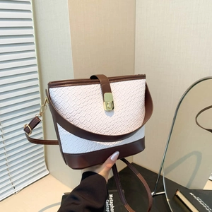 Fashion Women PU Leather Woven Bucket Bag Color Block Shoulder Crossbody Handbag With Metallic Lock Casual Daily Purse