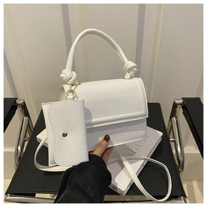 White faux leather crossbody square bag set with knot handle and small hanging pouch