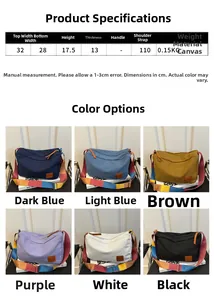 Detailed size chart and multi-color canvas tote bag options for daily versatile use