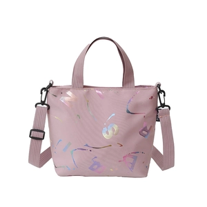 Pink large capacity nylon tote bag with colorful letters and adjustable shoulder strap