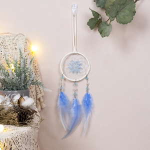 Attrape-rêves bleu et blanc avec plumes et perles pour décoration de voiture ou de chambre