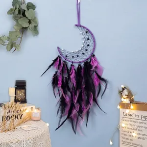 Bohemian Handmade Moon Dream Catcher Purple Black Feather Wall Hanging Decor For Bedroom Living Room Home Ornament Gift
