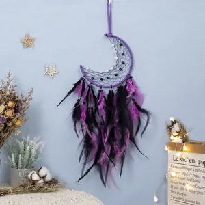 Bohemian moon dream catcher with purple and black feathers for bedroom wall decor
