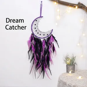 Bohemian moon dream catcher with purple feathers and black webbing for home wall decor