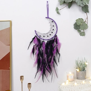 Bohemian moon dream catcher with purple and black feathers on white wall background