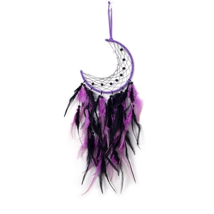 Bohemian moon dream catcher with purple feathers and black beads for wall decoration